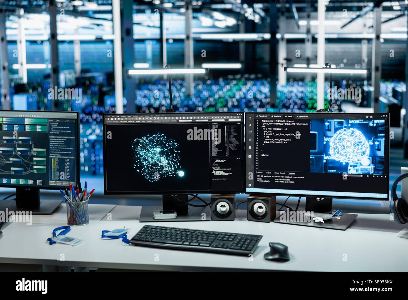 Machine learning software running on PCs in data center with rows of operational server racks. Computers using artificial intelligence tech in server hub built for digital storage systems Stock Photo