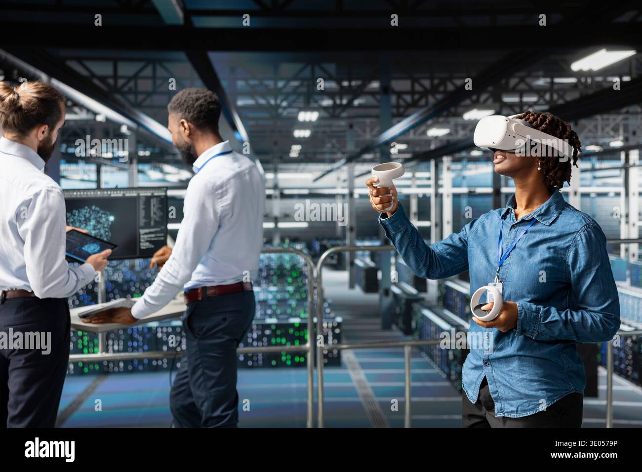 African american engineer with VR glasses using AI neural network systems, ensuring big data visualization within server farm operations. Woman uses programming language and virtual reality. Stock Photo