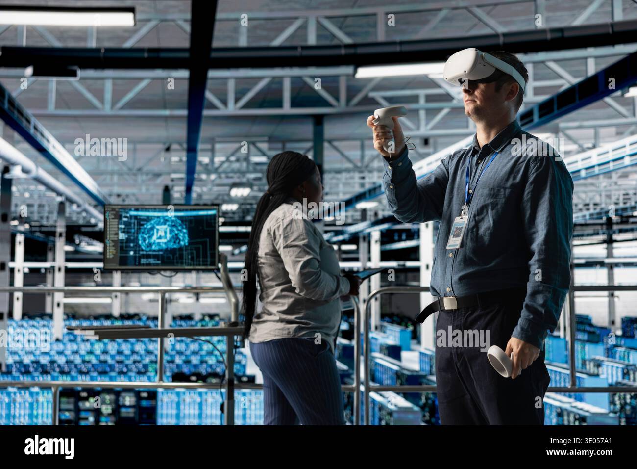 Server room IT expert using VR headset to adjust AI model parameters improving operations. Data center engineer using virtual reality technology adjusting artificial intelligence algorithms Stock Photo