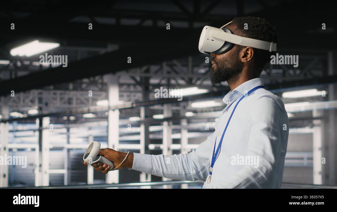 Data center programmers on industrial platform using virtual reality tech, collaborating on tasks. Server room IT professionals visualizing large language model architecture using VR headset Stock Photo