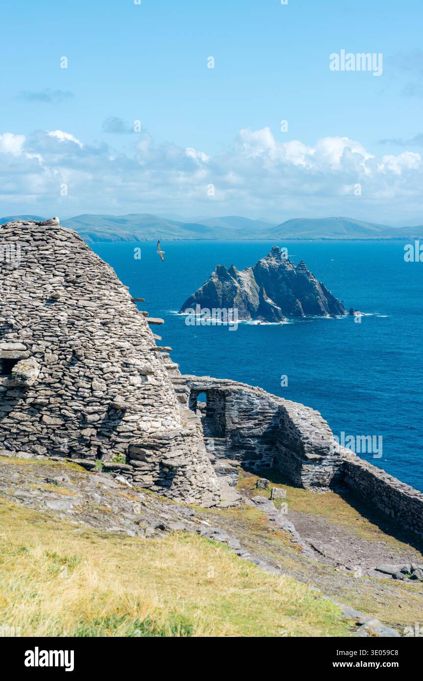 Historic beehive huts of Skellig Michael, Ireland, built by monks for ...
