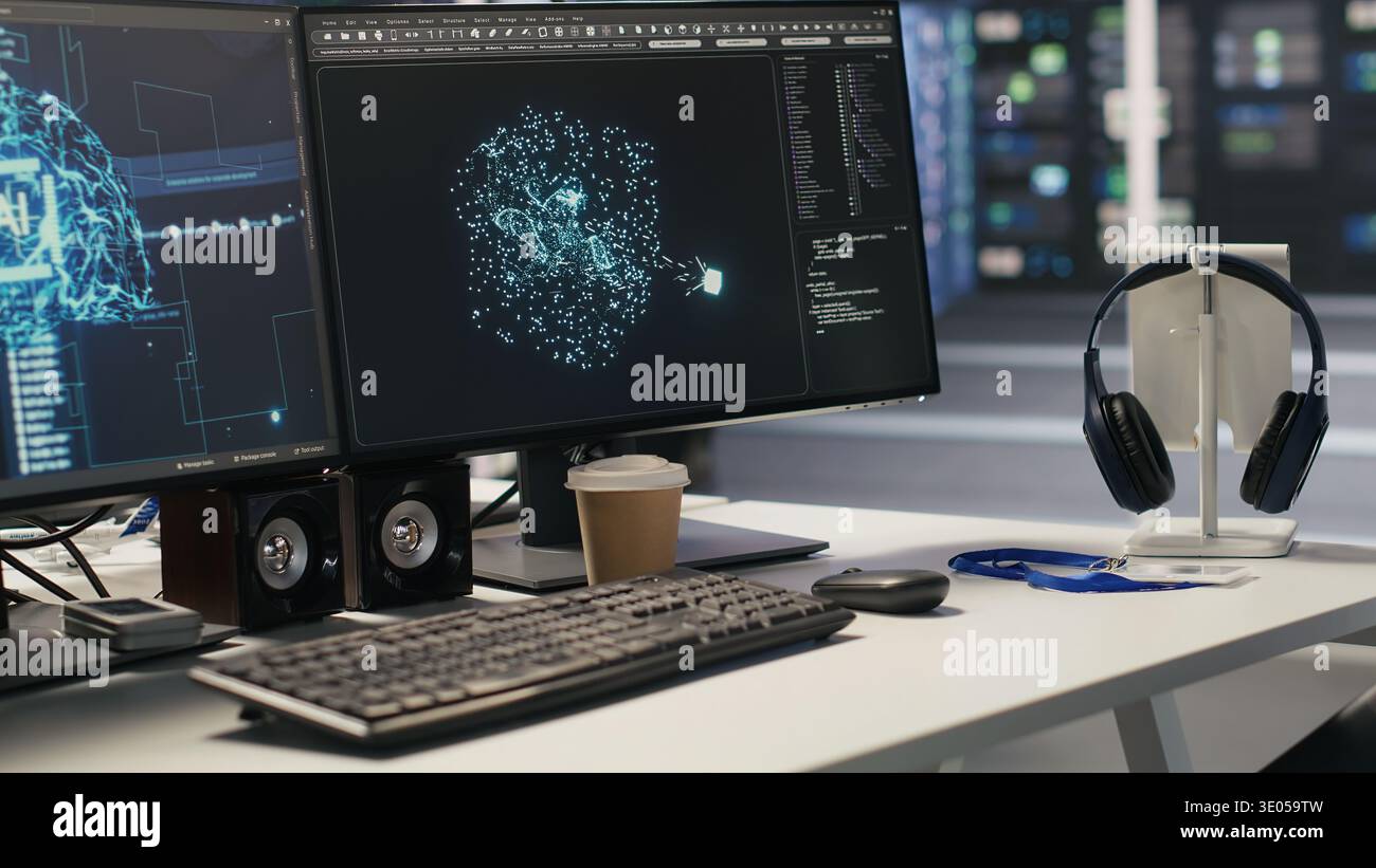 AI development workstation in data center with dual monitors displaying machine learning code. Server hub computers used for tracking neural network structures algorithm performance Stock Photo