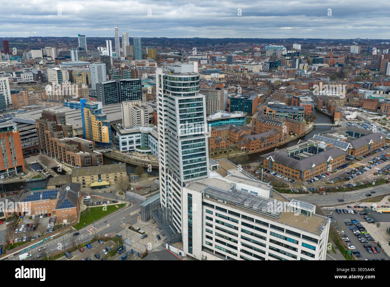 High aerial view of Leeds city centre showing Whitehall Waterfront ...