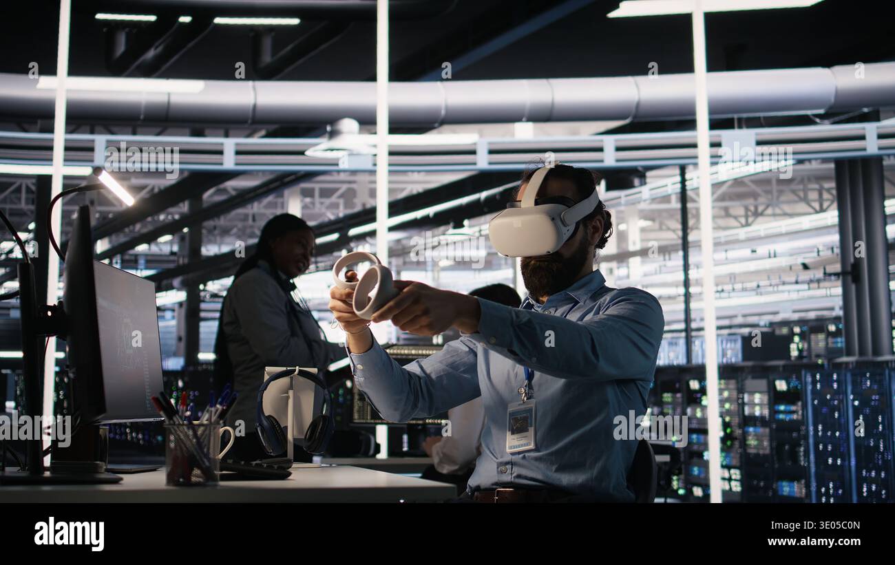 Data center employee wearing VR headset using artificial intelligence neural networks technology. Server farm programmer using AI programming language and virtual reality to update hardware, camera A Stock Photo