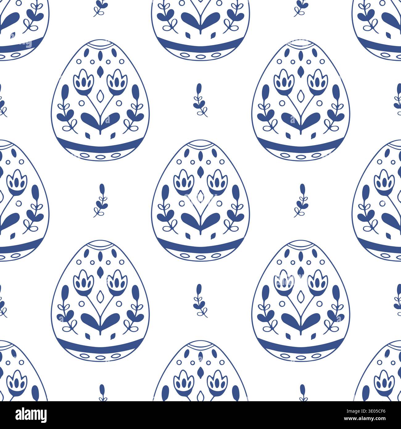 Seamless decorative Easter eggs pattern in blue line art style. Outline vector background. Stock Vector