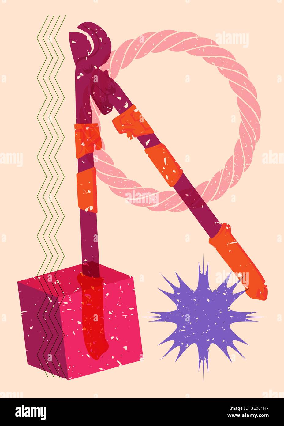 Risograph Wire cutter with geometric shapes. Objects in trendy riso graph print texture style design with geometry elements. Stock Vector