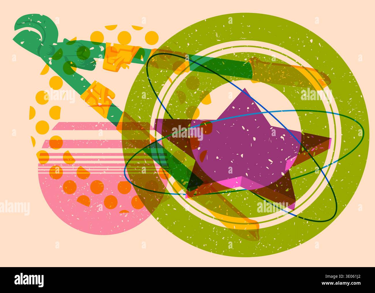 Risograph Wire cutter with geometric shapes. Objects in trendy riso graph print texture style design with geometry elements. Stock Vector