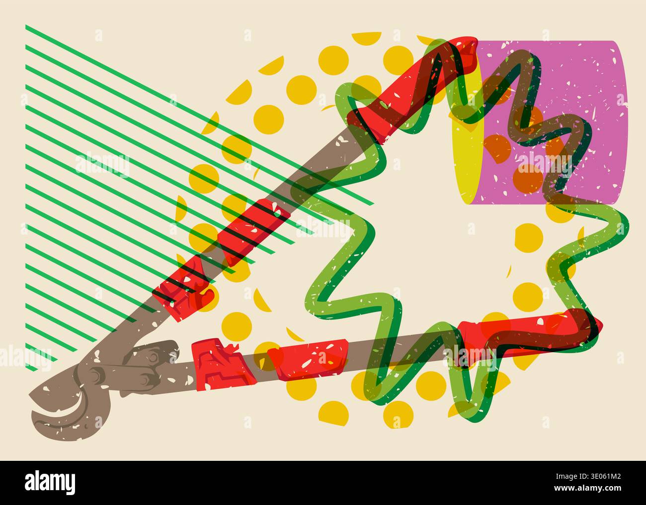 Risograph Wire cutter with geometric shapes. Objects in trendy riso graph print texture style design with geometry elements. Stock Vector