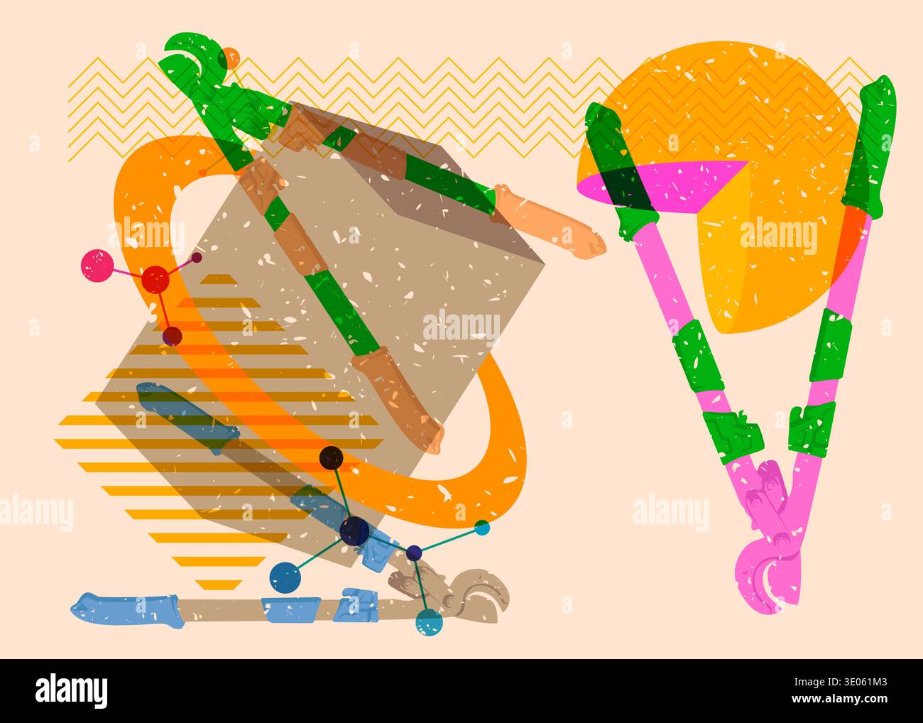 Risograph Wire cutter with geometric shapes. Objects in trendy riso graph print texture style design with geometry elements. Stock Vector