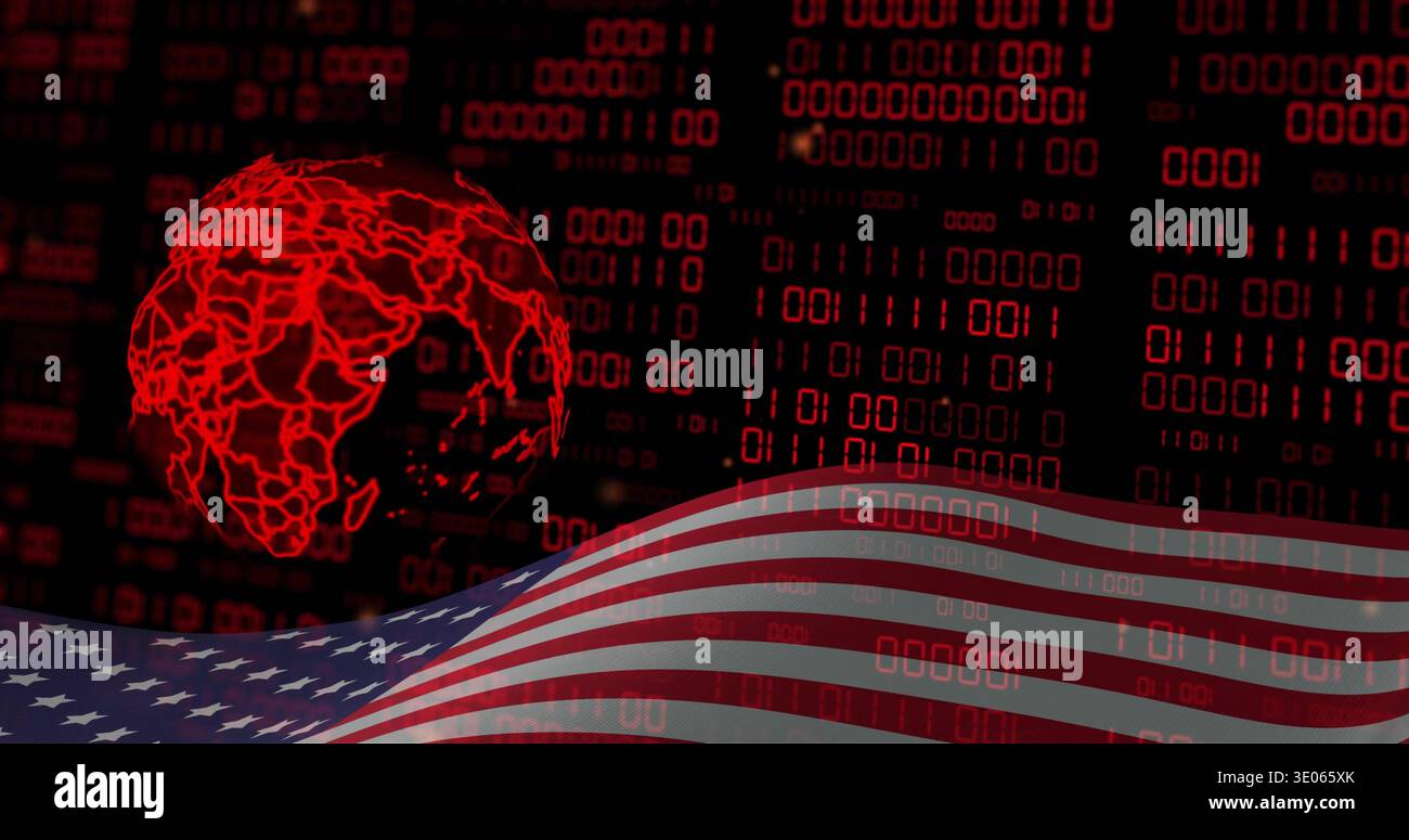 Rotating red wireframe globe at left, streaming binary columns over wavy American flag, copy space Stock Photo