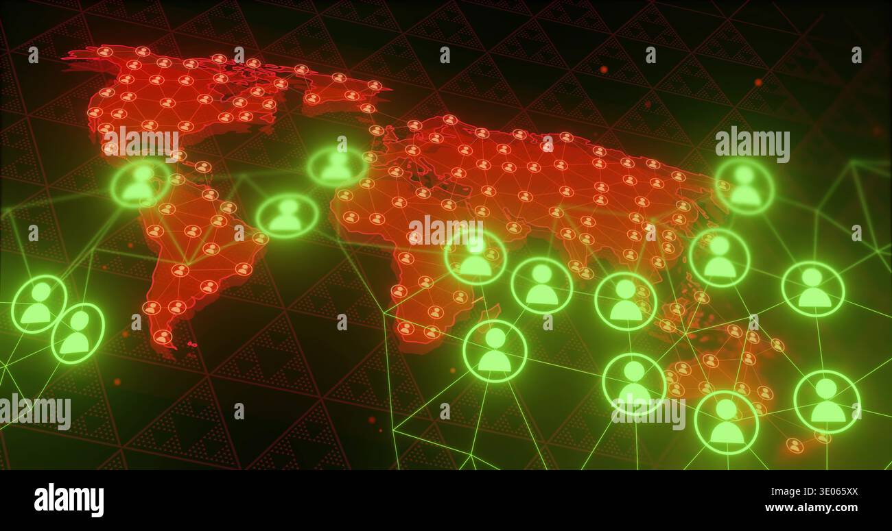 Displaying digital world map with avatars, neon-green nodes, links on dark triangular grid Stock Photo