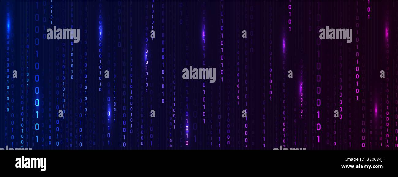Futuristic light effect with data flow. Programming symbols on neon backdrop. Abstract binary code matrix for cyber technology and security art Stock Vector