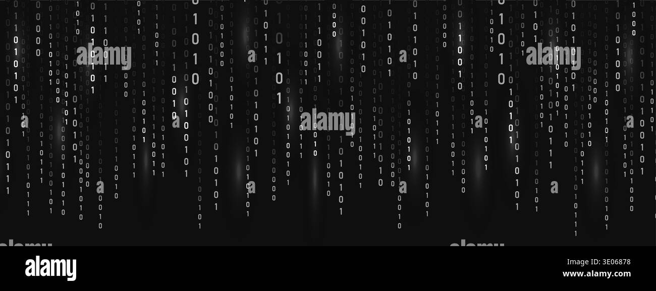 Abstract binary Rain. Dynamic light effect. Data flow with programming symbols on futuristic backdrop. Cyber technology and security theme. Vector Stock Vector