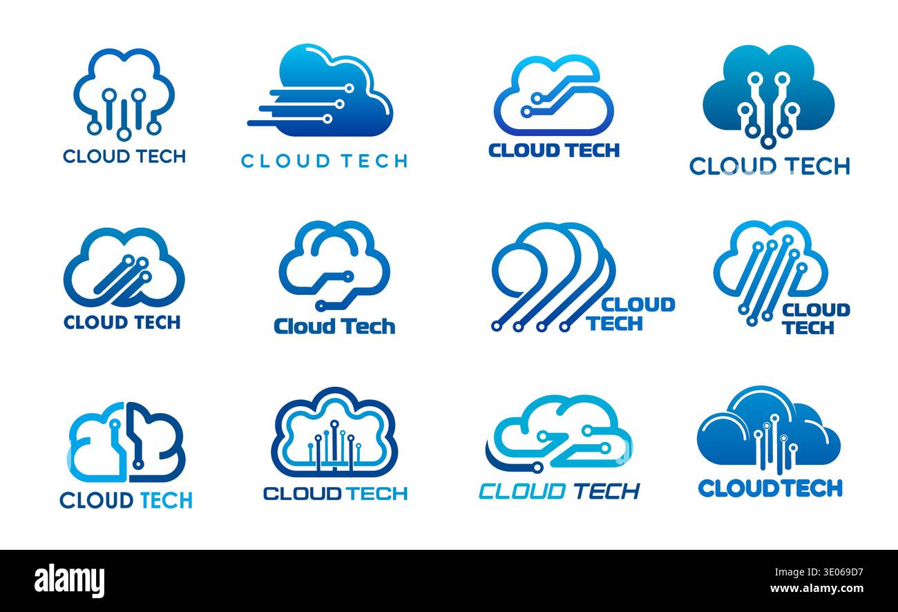 Cloud technology icons of vector data server, network and internet digital information storage system. Cloud data tech blue silhouettes with computer motherboard pattern, web database service symbols Stock Vector