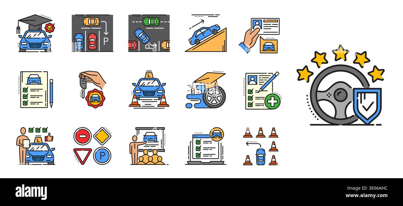 Driver school icons for vehicle driving education and car drive ...
