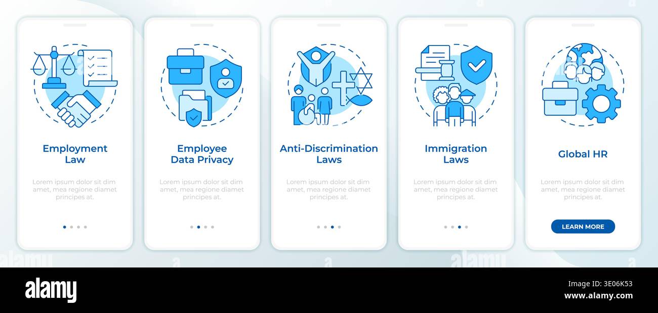 HR compliance types blue onboarding mobile app screen Stock Vector