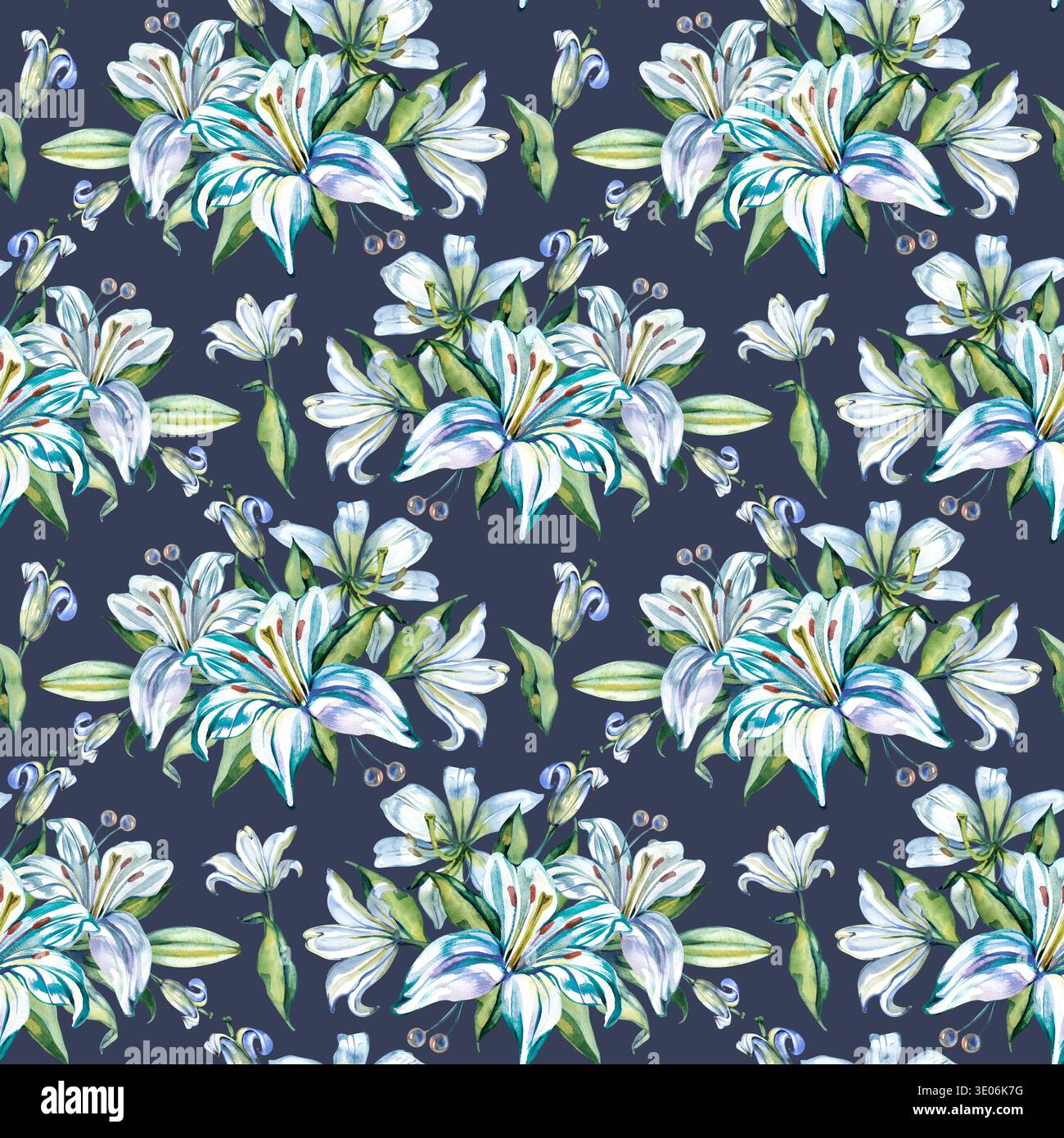 Hand drawn watercolor seamless pattern featuring elegant white and blue lilies with lush green leaves. This romantic floral design is perfect for Stock Photo