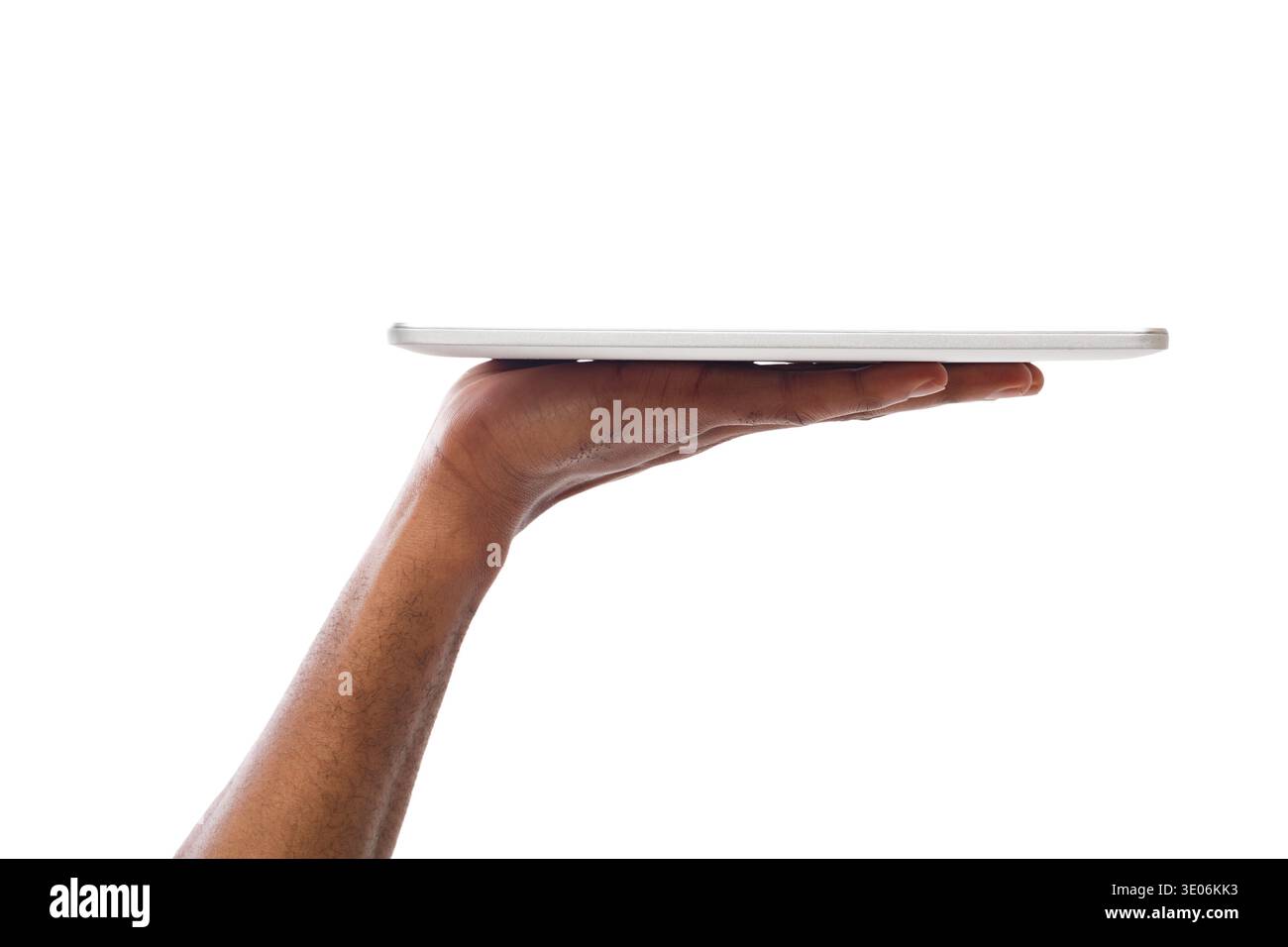 Black man holding digital tablet isolated on white background Stock Photo