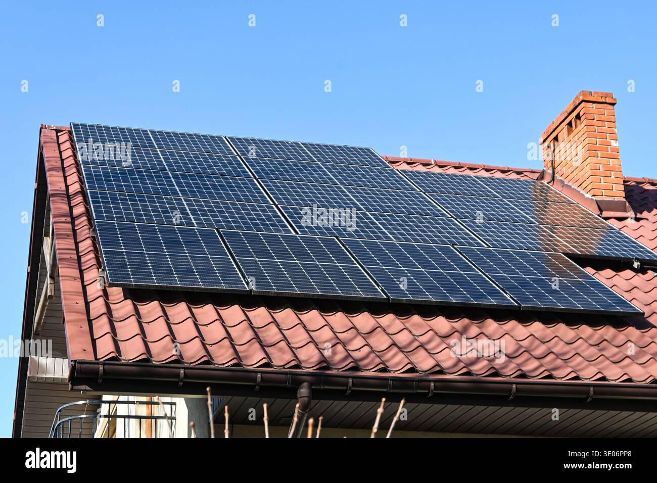 Photovoltaic panel array captures sunlight for energy generation Stock Photo