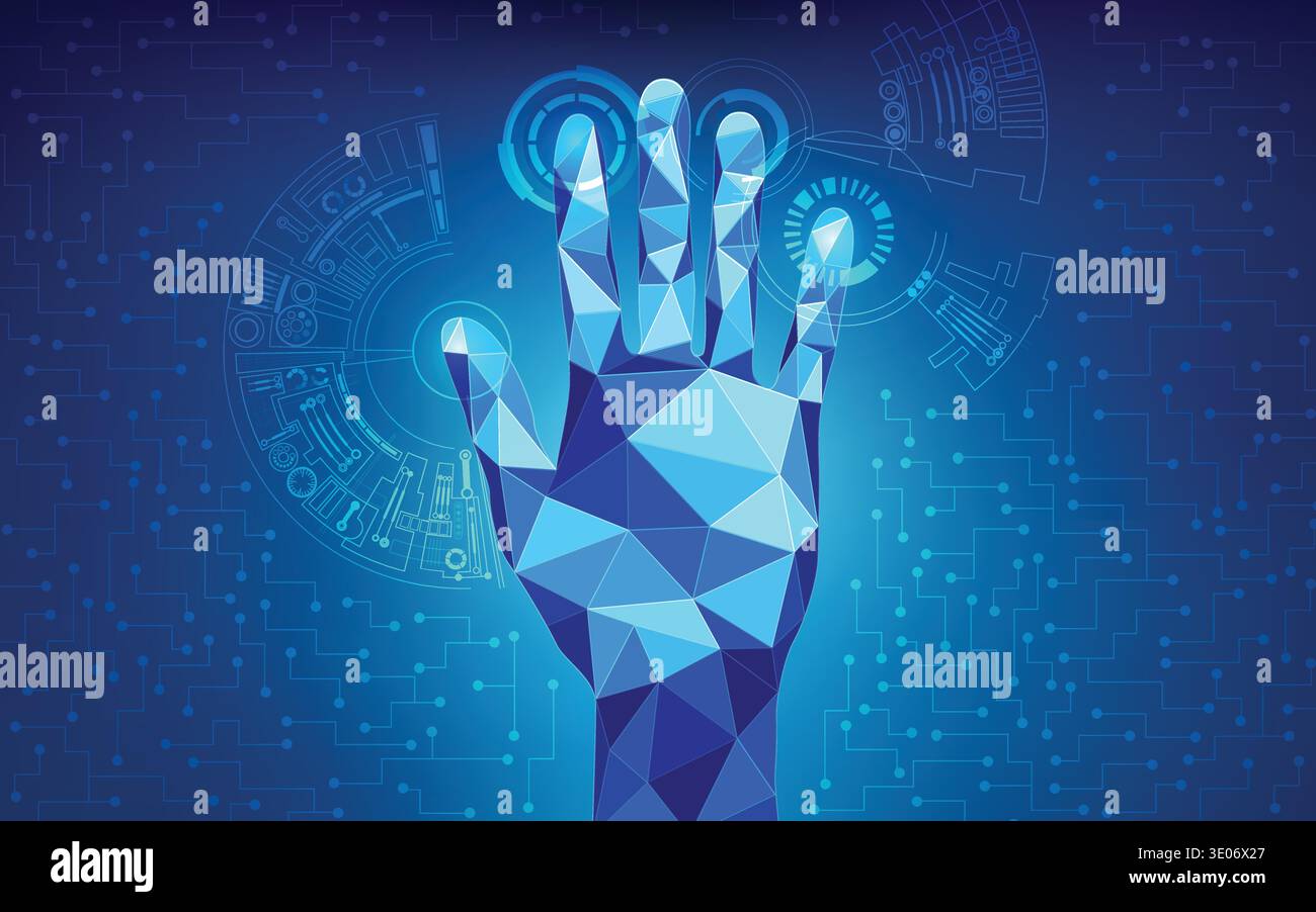 low poly hand touching interface; scientific analysis; futuristic background; abstract technology backdrop; blue digital theme; polygon hand in techno Stock Vector
