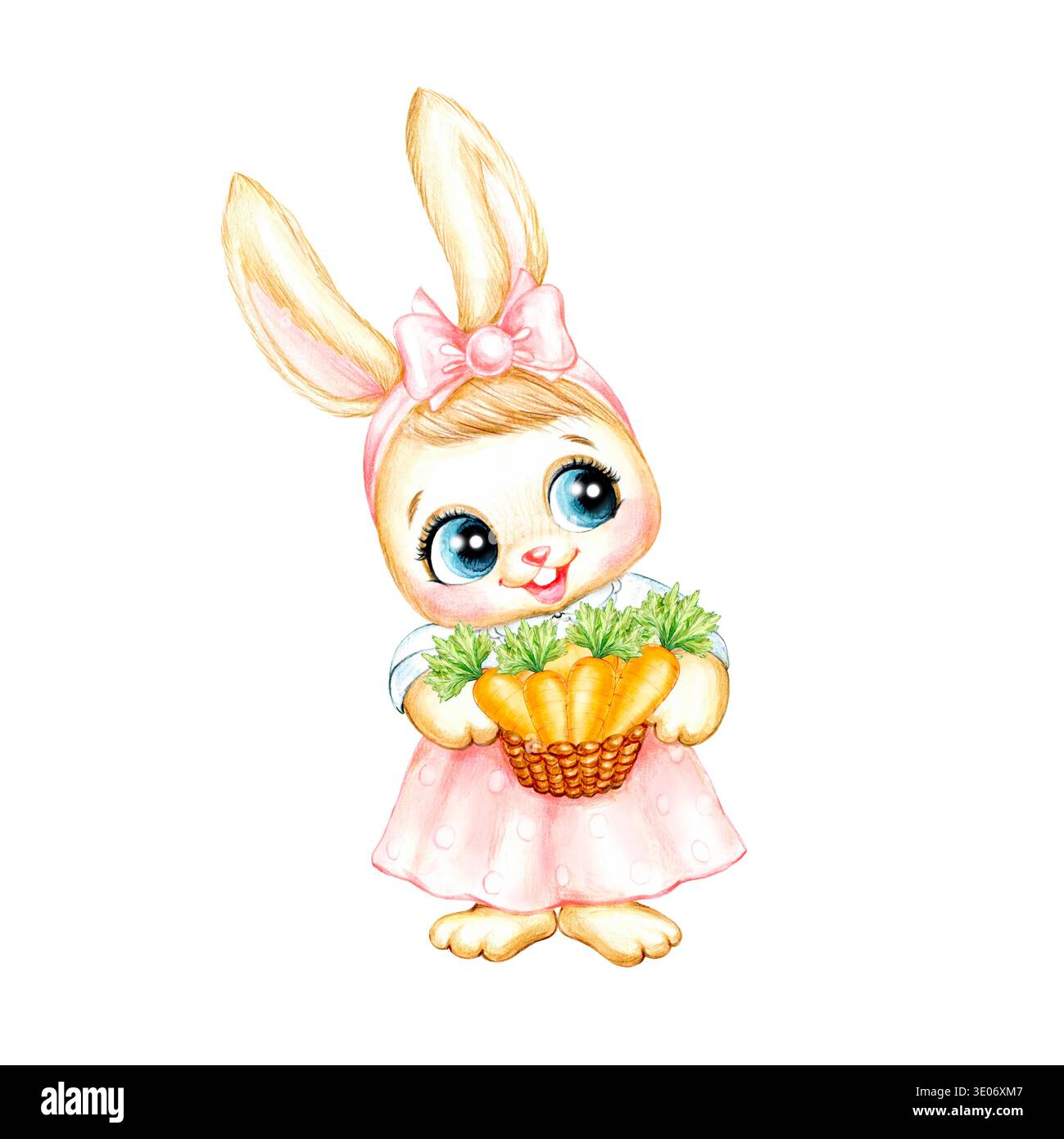 A cute watercolor bunny girl in clothes and paws holding a basket of ...