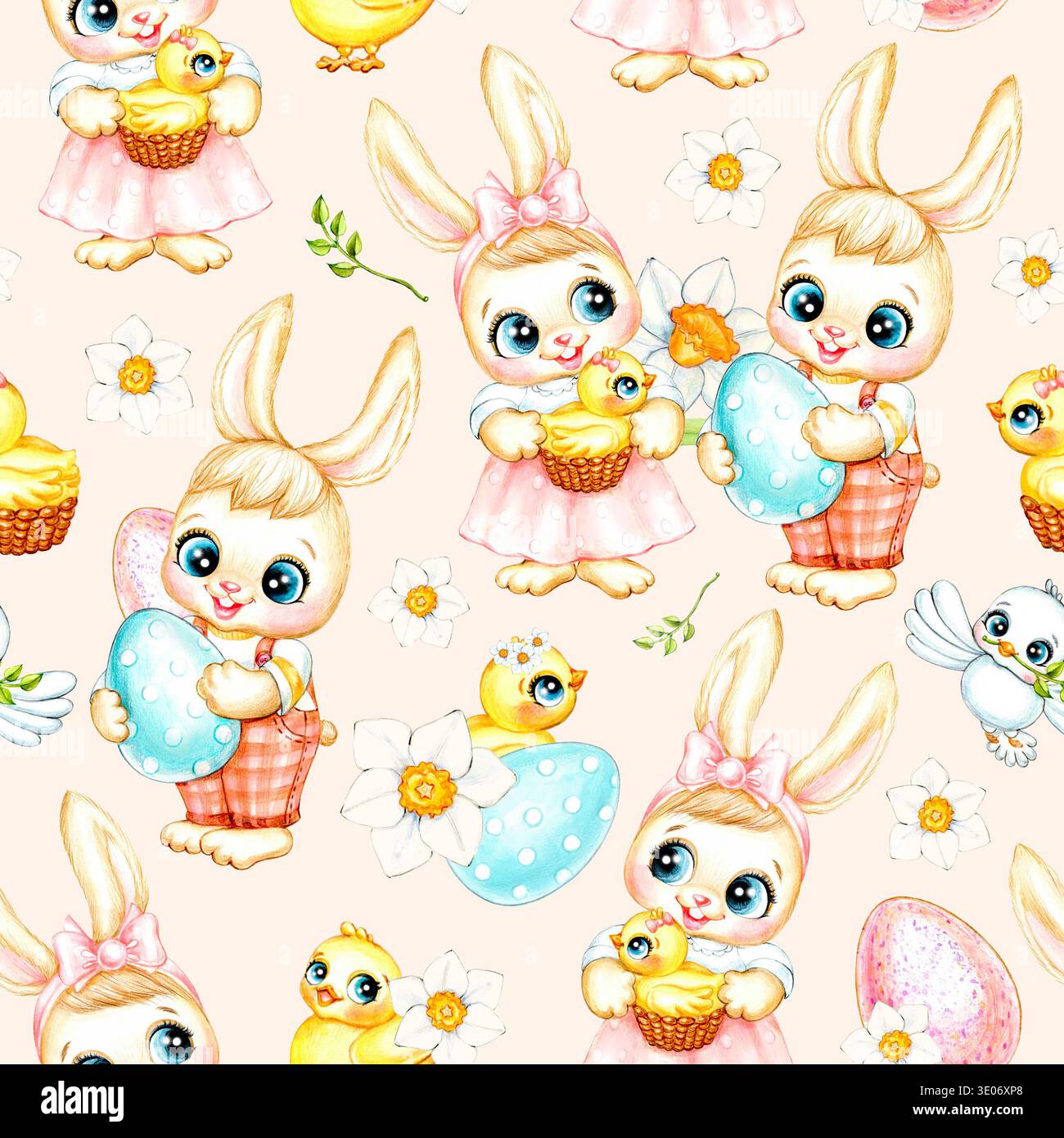 Watercolor Easter pattern with cute Easter bunnies in clothes holding ...