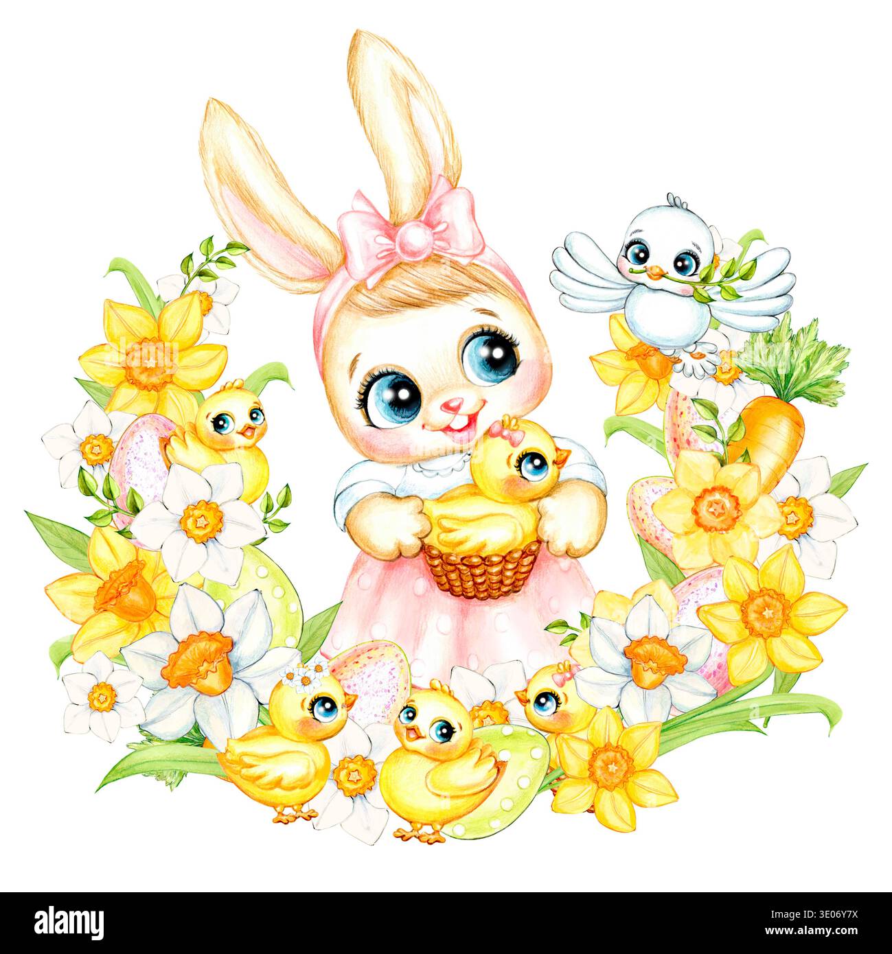 Watercolor Easter round frame with Easter bunny girl, yellow chickens ...
