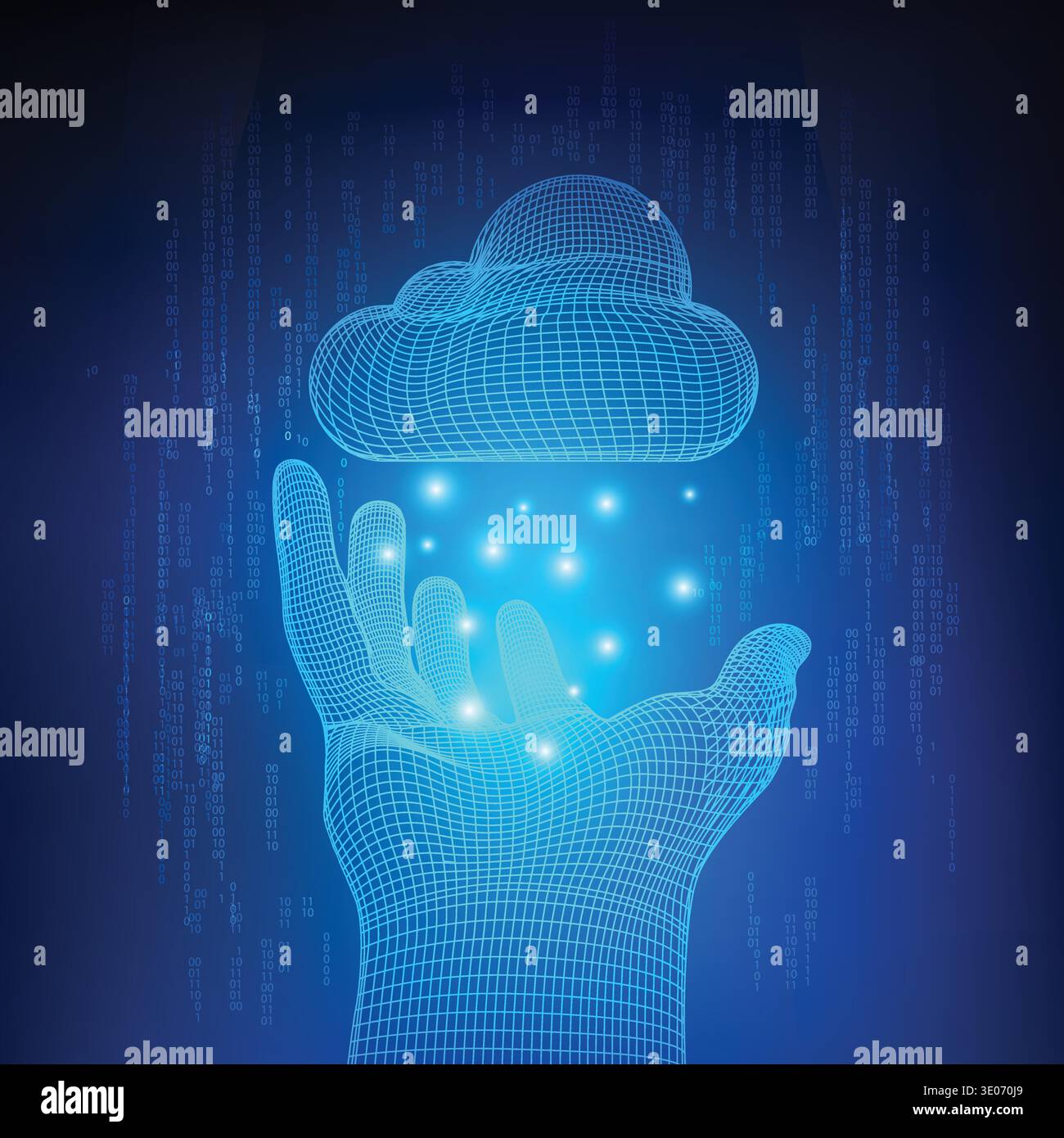 concept of cloud computing technology, wireframe hand holding cloud symbol shape with binary background Stock Vector