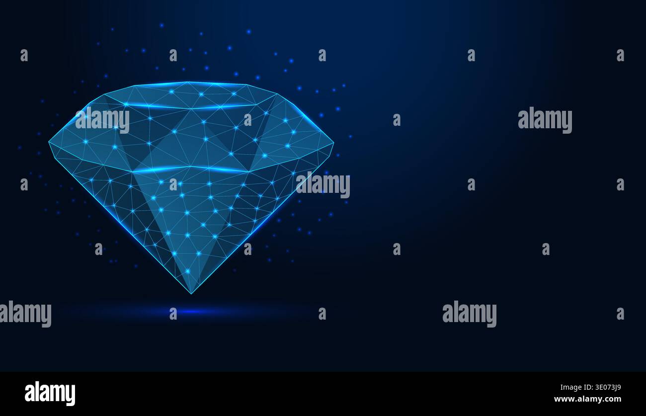 Low poly wireframe diamond gemstone on dark blue background. Stock Vector