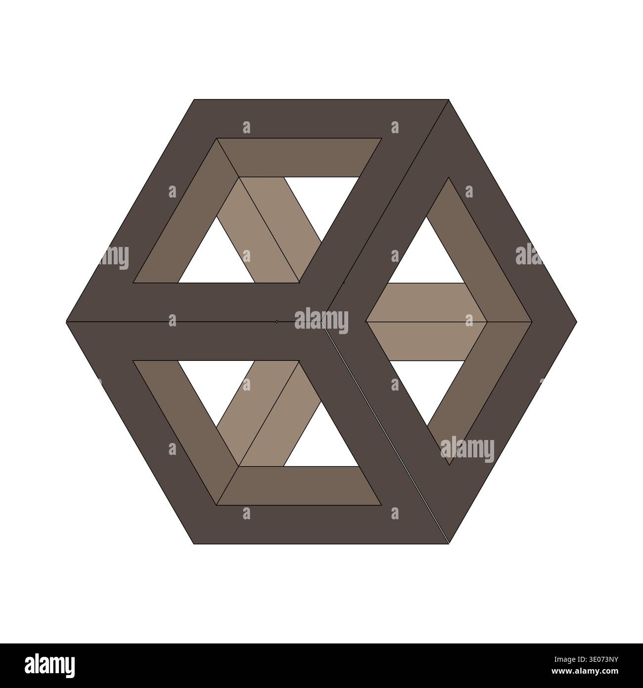 Optical illusion cube. Impossible hexagon shape. 3D Vector paradox. Brown geometric frame. Stock Vector
