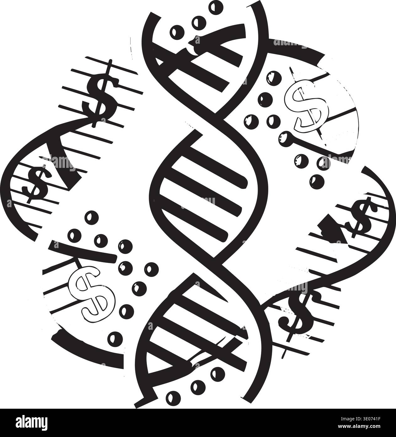 Black and white vector silhouette of DNA double helix strands ...