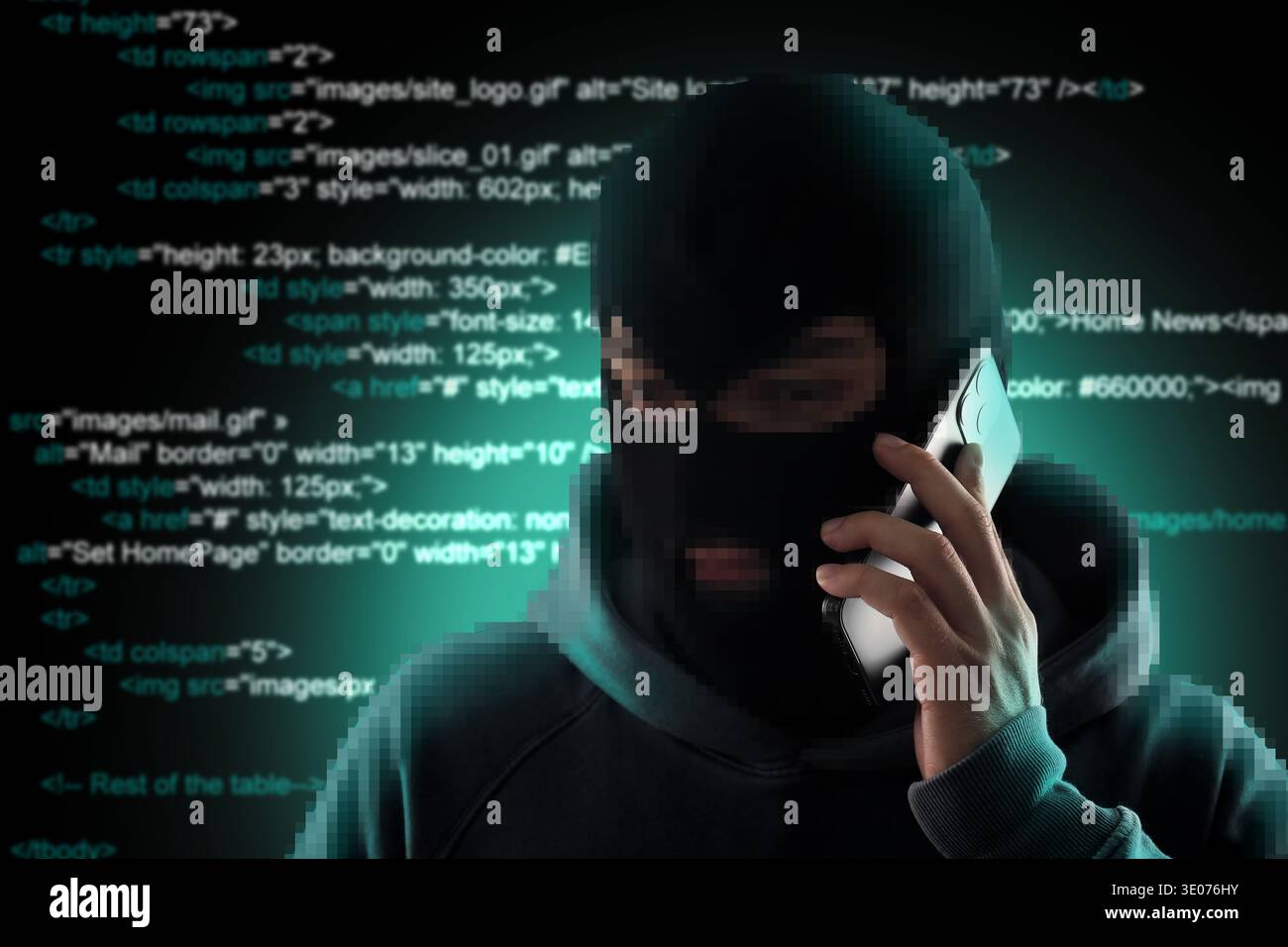 Criminal in mask talking on phone against programming code. Cyber security Stock Photo