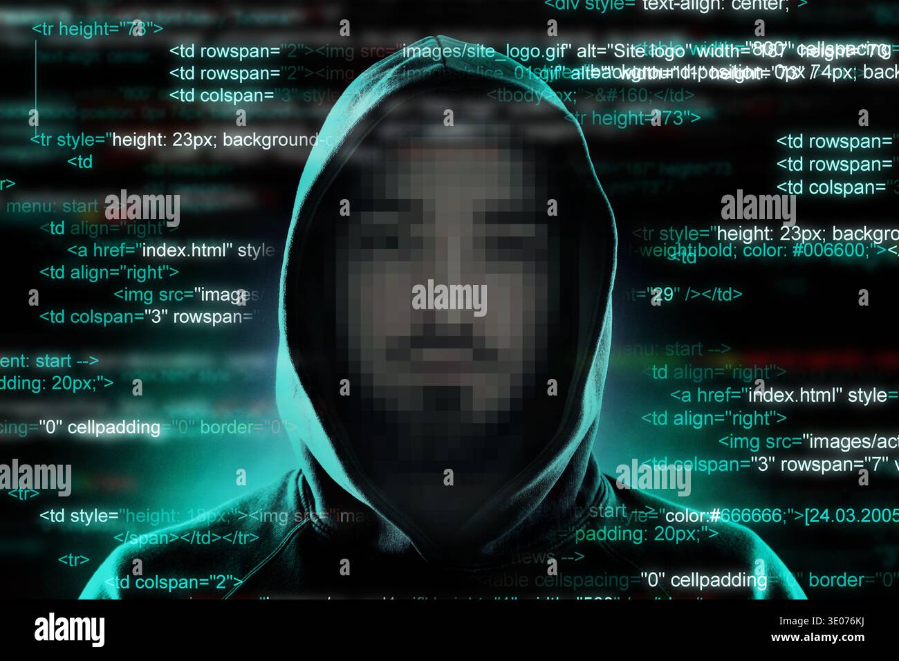 Hacker or cybercriminal and programming code. Digital security Stock Photo