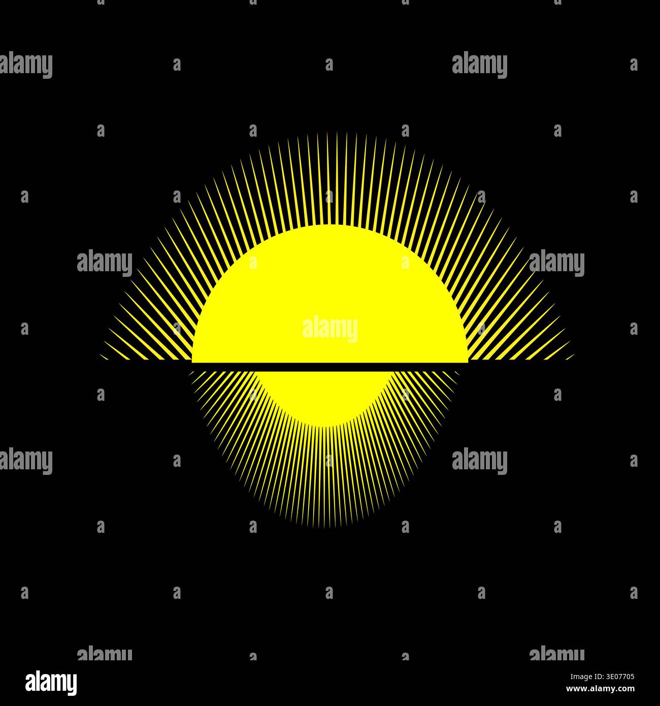 Abstract sun burst. Bright yellow vector light. Digital wave refraction. Dark black background. Stock Vector