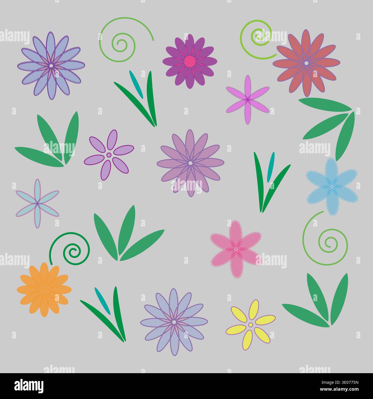 Sophisticated floral set. Summer nature Vector. Sophisticated bloom elements. Comprehensive grey background representations. Stock Vector