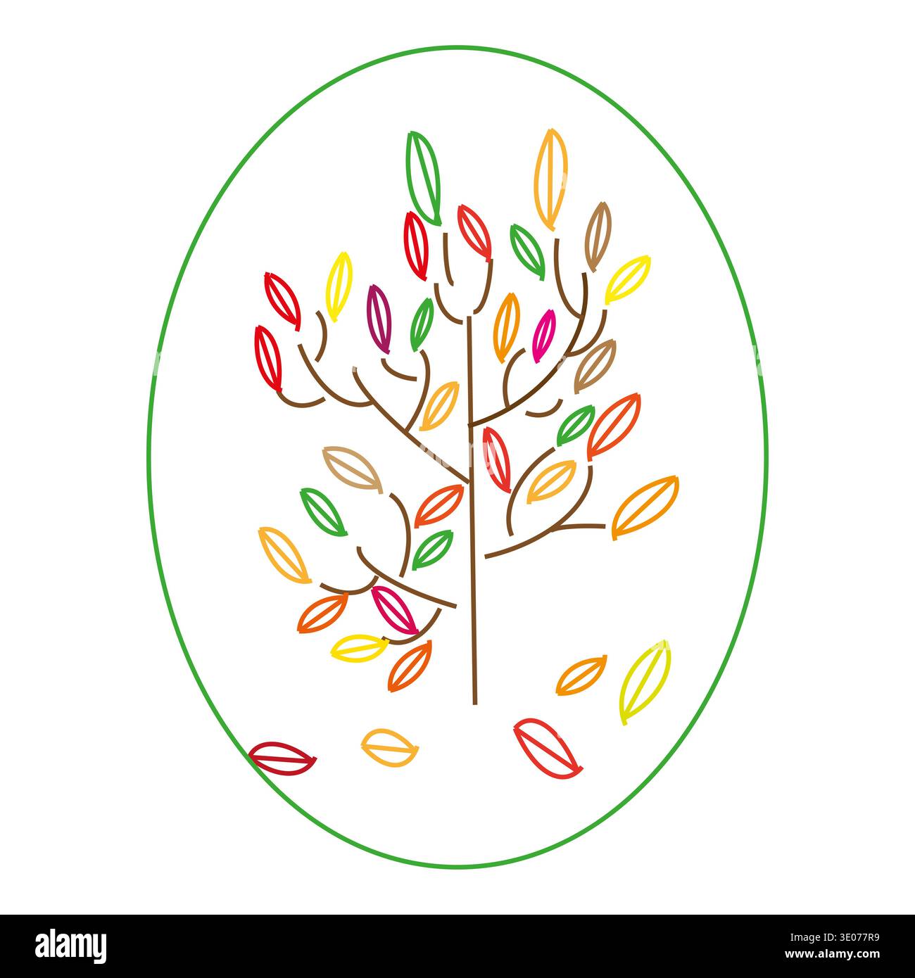 Autumn tree illustration. Colorful falling leaves. Vector hand drawn oval. Seasonal nature emblem. Stock Vector