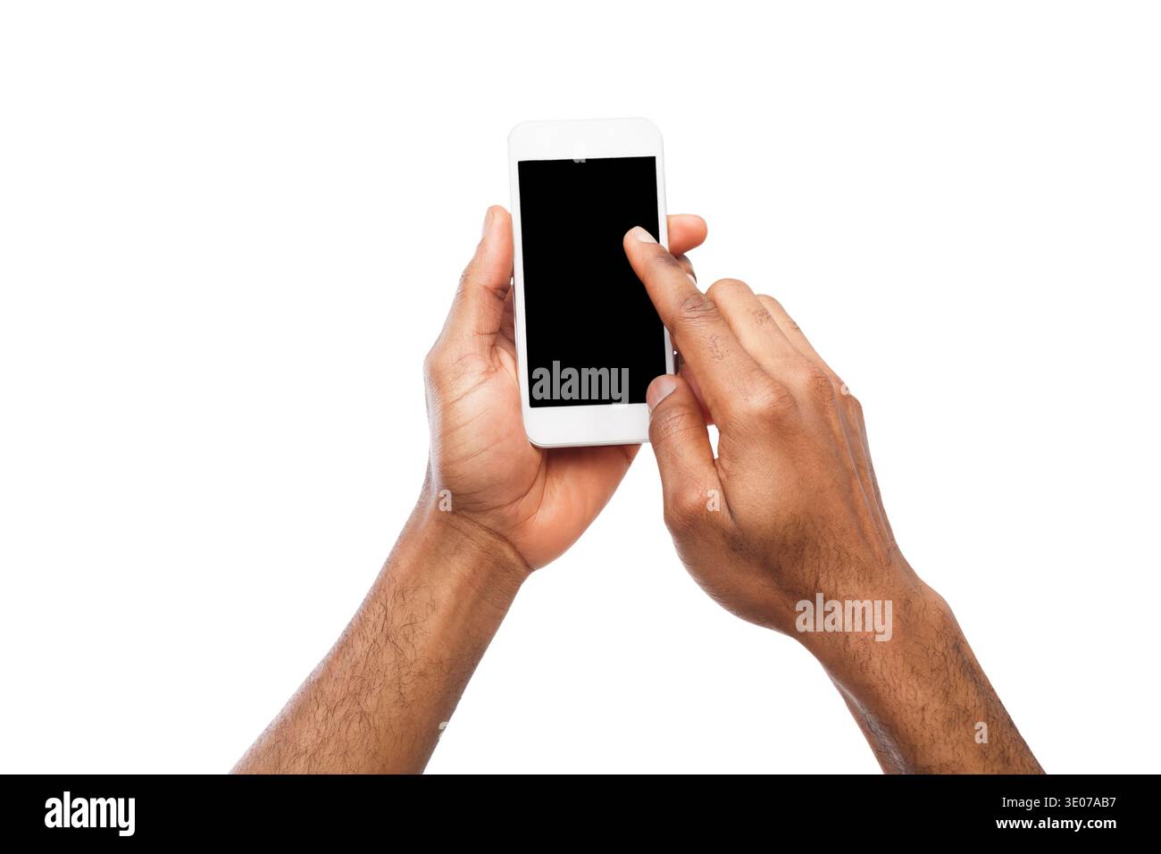 Male hands pointing on blank smartphone screen Stock Photo