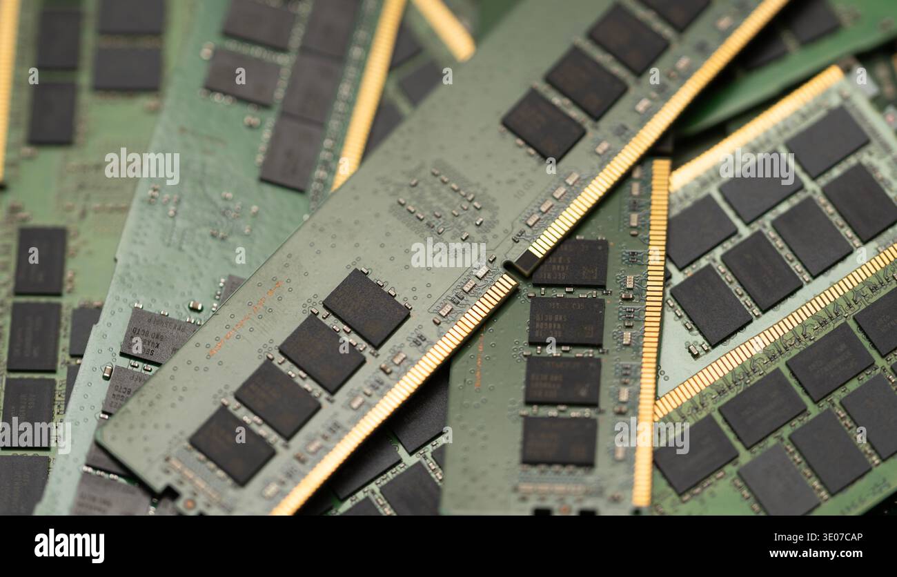 RAM computer memory module hardware technology. RAM DDR chip electronics circuit board. RAM DRAM microchip motherboard slot. RAM computing processor Stock Photo