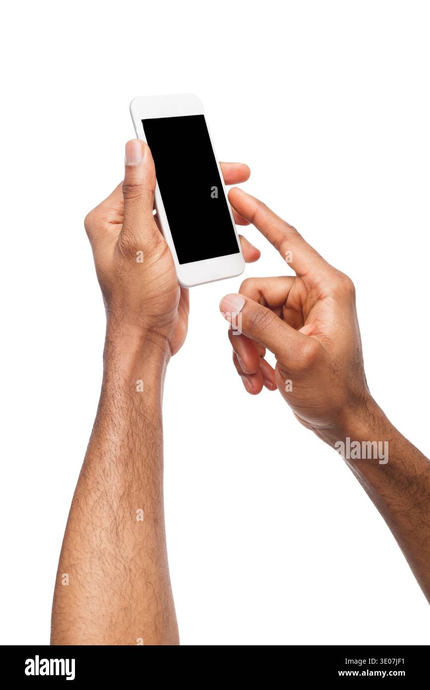 Male hands pointing on blank smartphone screen Stock Photo