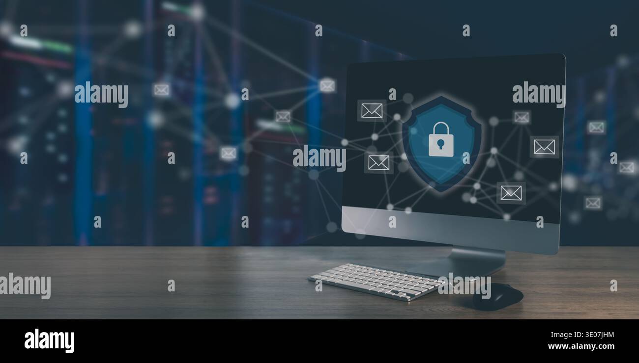 Mail server security and encrypted email network concept desktop monitor with shield lock of data center servers, email cybersecurity protection. Stock Photo