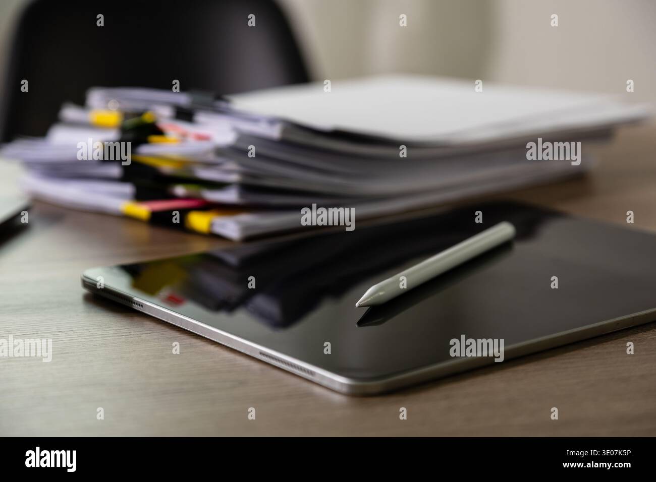 Stacked paperwork on office desk, document analysis, compliance review, Analyze document plans workflow Document review concept Stock Photo
