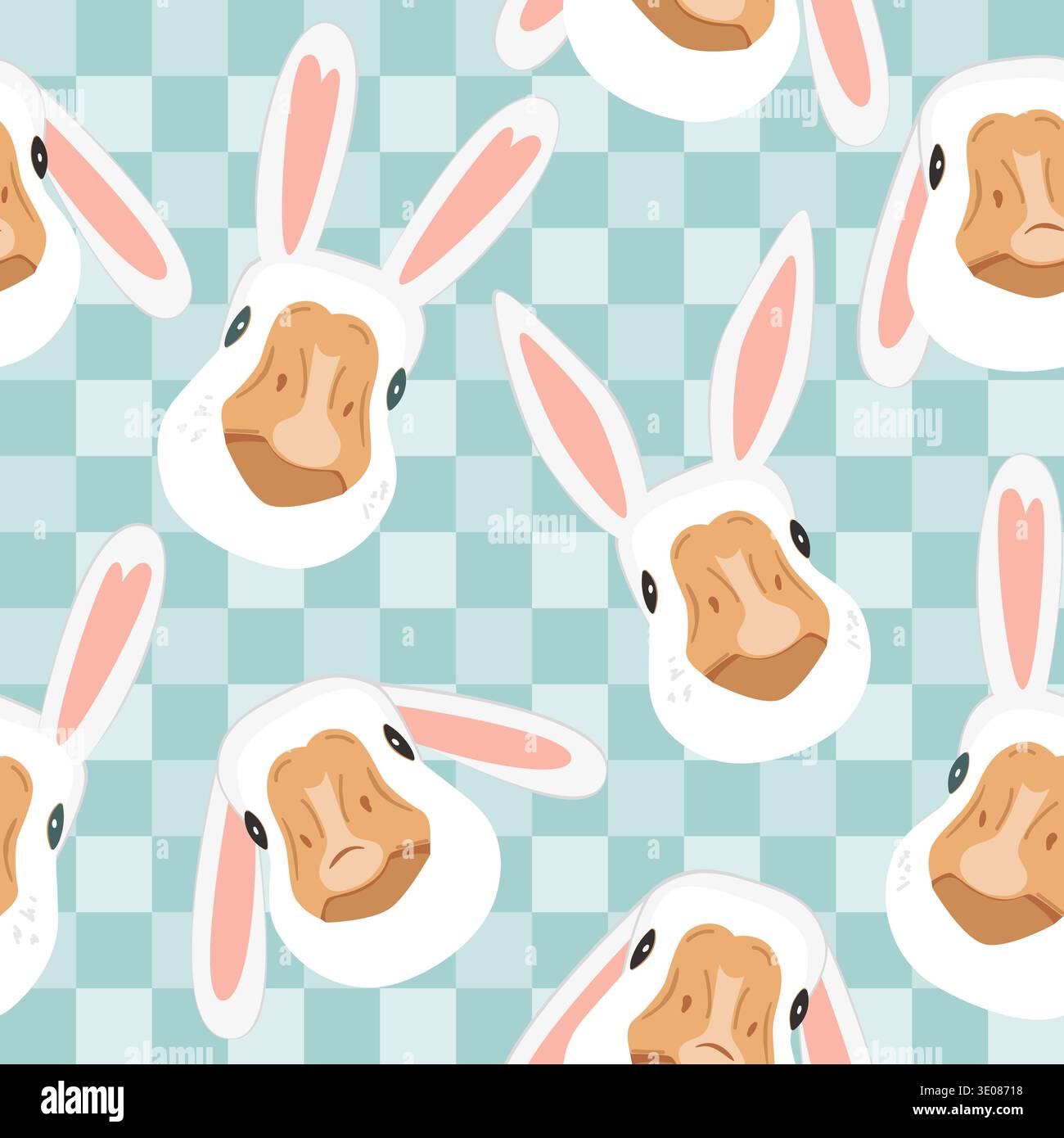 Seamless pattern with cute goose wearing Easter bunny ears on blue checkered background. Vector illustration. Stock Vector