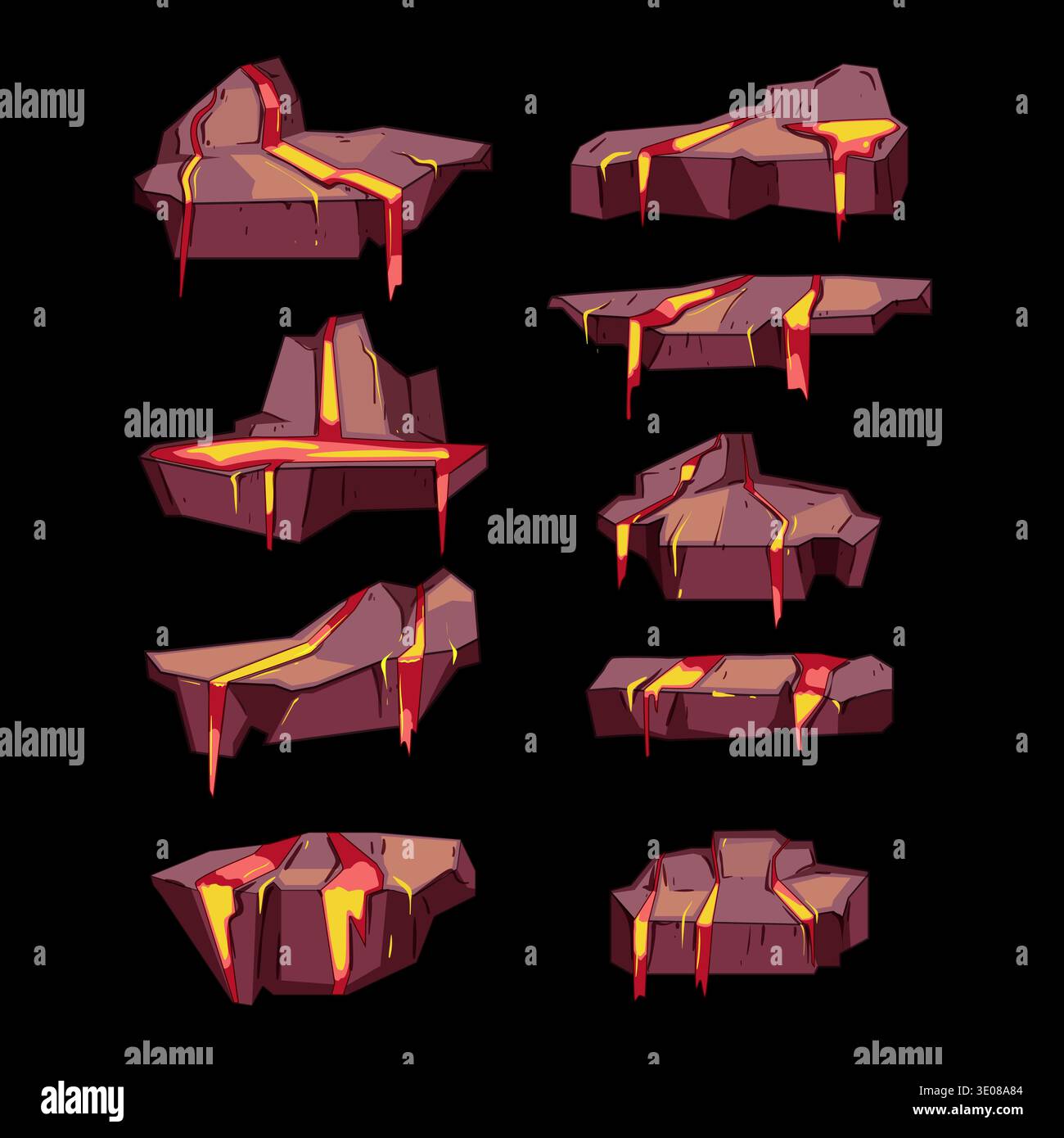Game assets creating various volcanic rock platforms Stock Vector