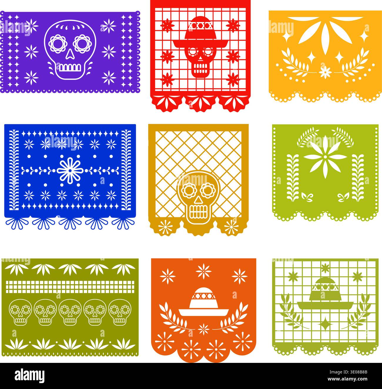 Colorful papel picado banners celebrating mexican culture and traditions Stock Vector