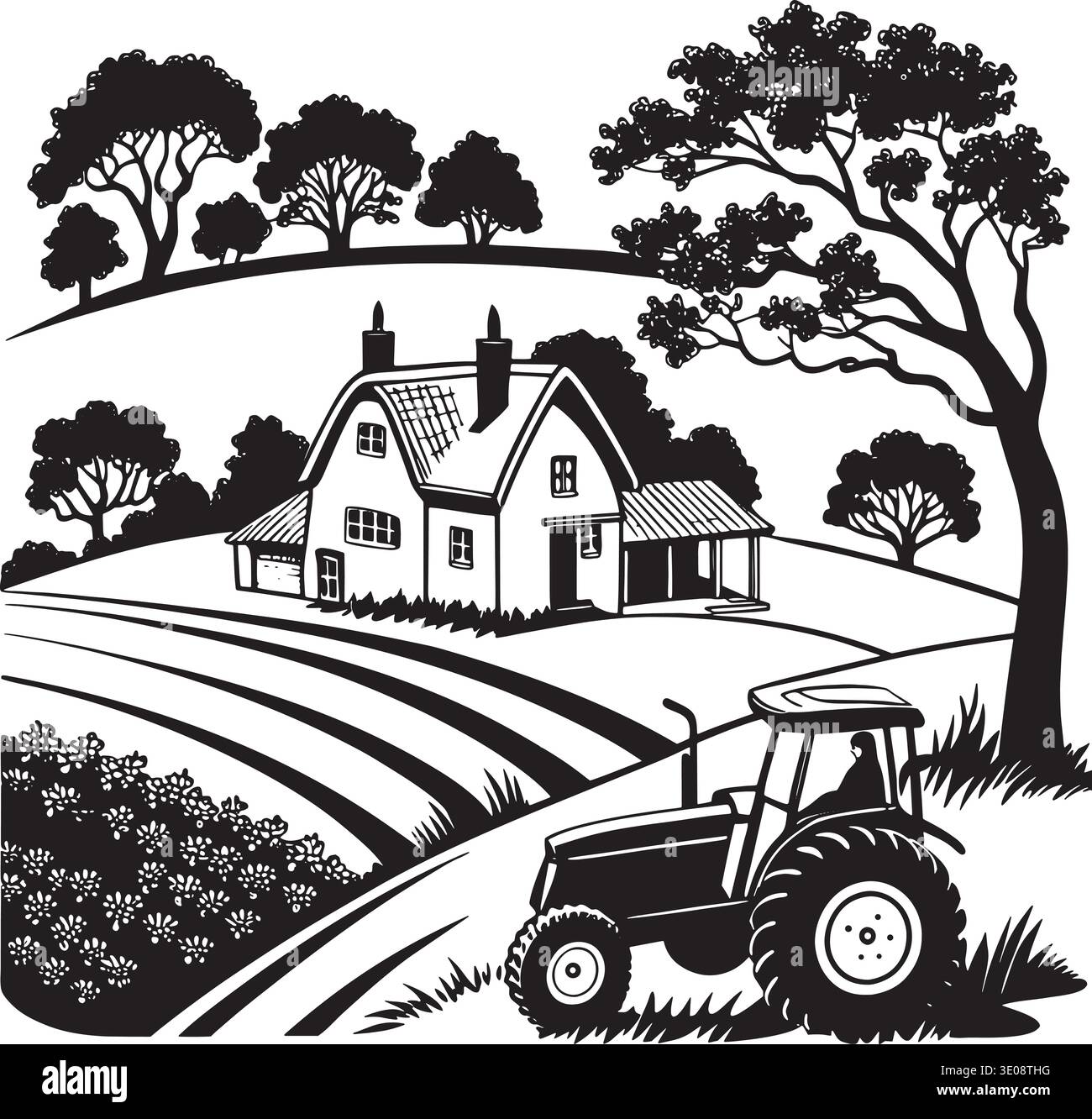 Black and white vector silhouette of a rural farm landscape featuring a ...