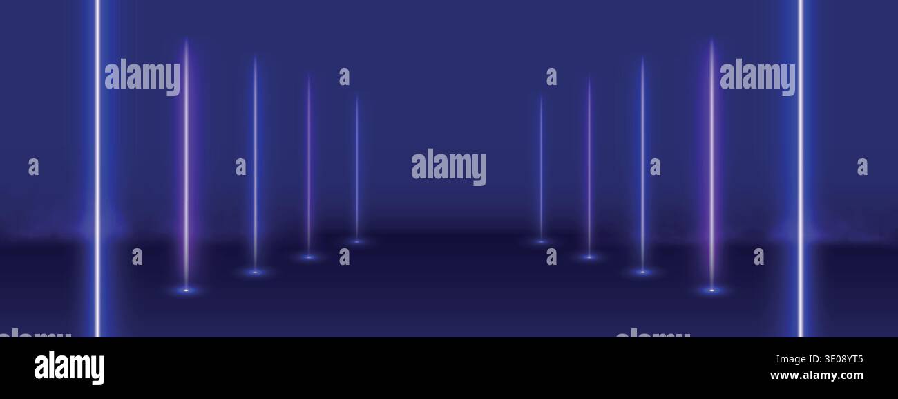 Futuristic tunnel with neon light on blue background. Stock Vector