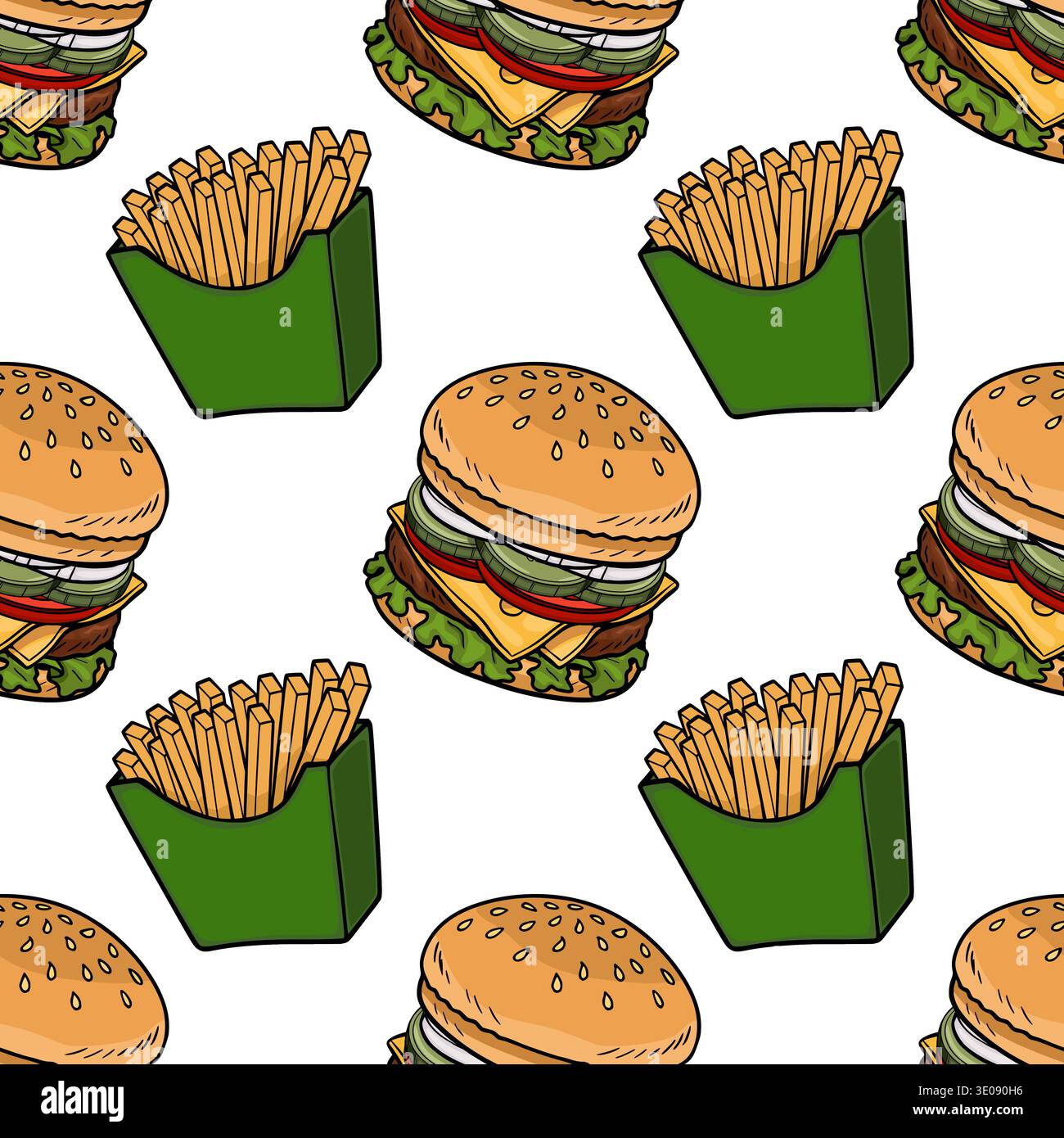 Seamless vector pattern of delicious burgers and crispy french fries in green containers Stock Vector