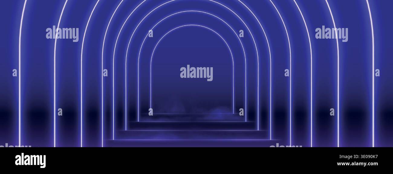 Neon light tunnel on blue background. Stock Vector