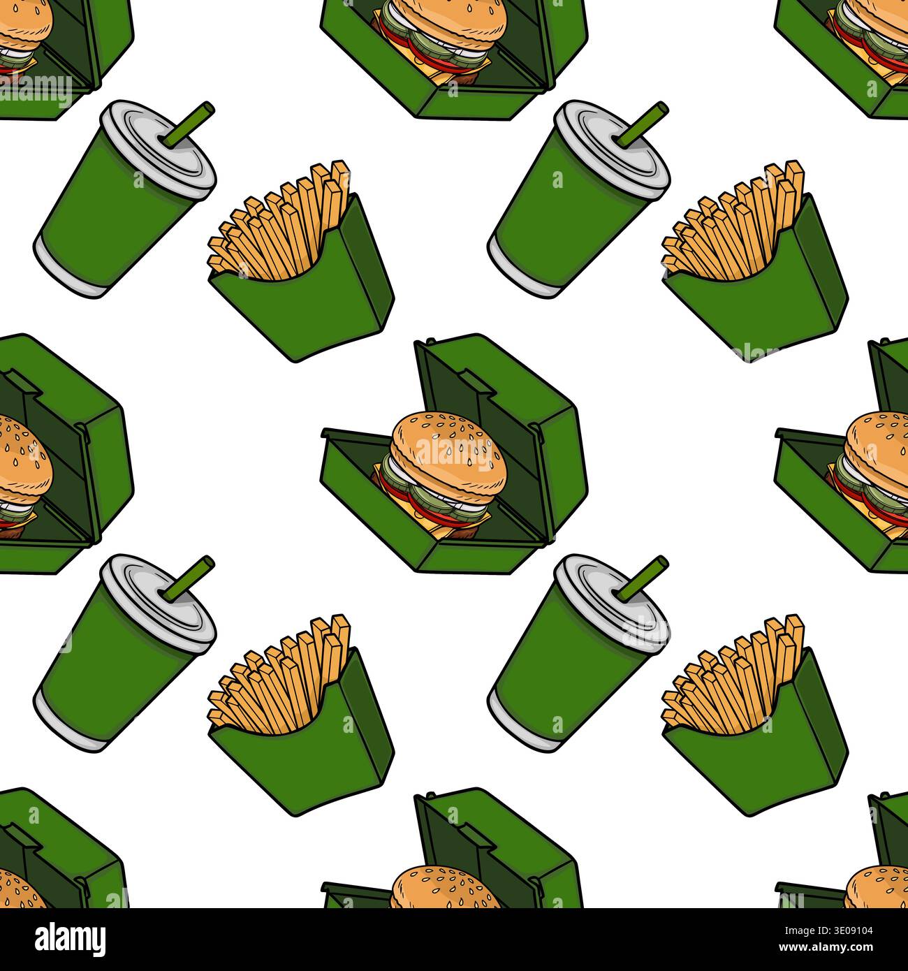 Seamless vector pattern of fast food burgers, fries, and soda cups on a white background Stock Vector