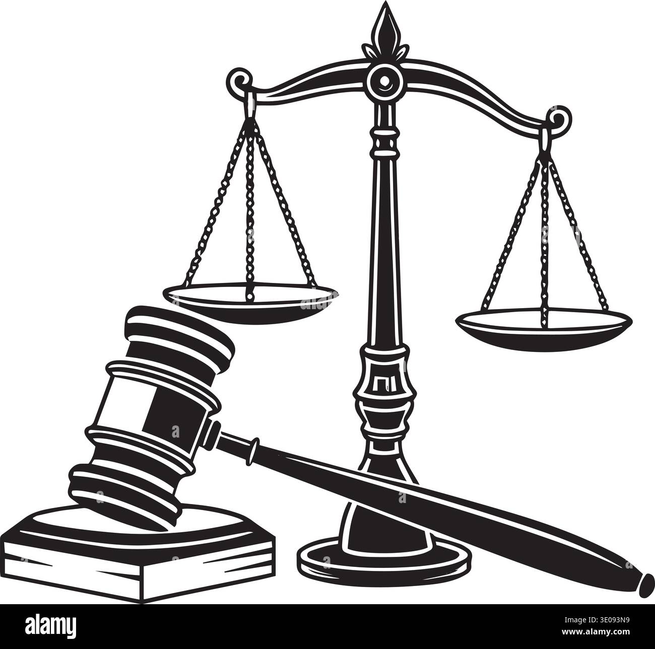 Detailed black and white vector of scales of justice with judge gavel ...